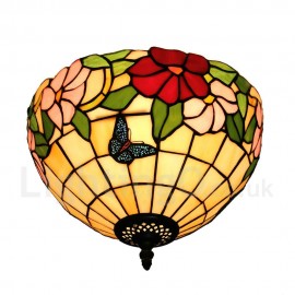 Diameter 30cm (12 inch) Handmade Rustic Retro Stained Glass Flush Mounts Butterfly Gathering Flower Pattern Shade Bedroom Living Room Dining Room
