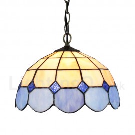 Diameter 30cm (12 inch) Handmade Rustic Retro Stained Glass Pendant Light Mesh Pattern Blue and Light Grey Glass Shade Bedroom Living Room Dining Room