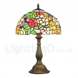 Diameter 30cm (12 inch) Handmade Rustic Retro Stained Glass Table Lamp Colorful Flower Pattern Shade Bedroom Living Room Dining Room