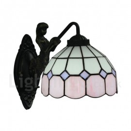 Diameter 20cm (8 inch) Handmade Rustic Retro Stained Glass Wall Light Pink and White Pattern Shade Mermaid Carrying Lantern Bedroom Living Room Dining Room